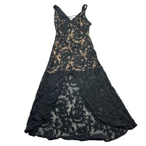 Bronte Lace Overlay Maxi Dress Womens Size S Black Nude Lace Up V-Neck baby doll